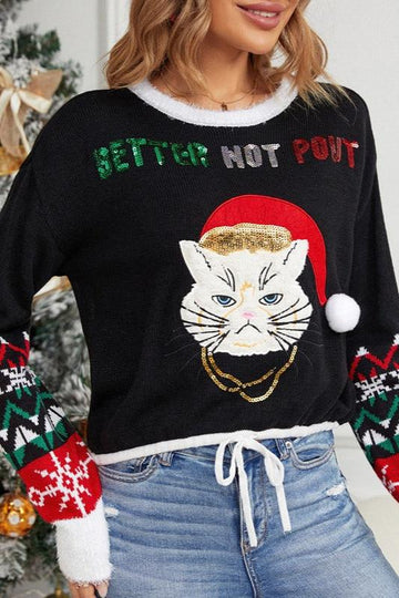 Woochic pull de Noël brodé paillettes scintillantes chaton, court noir S